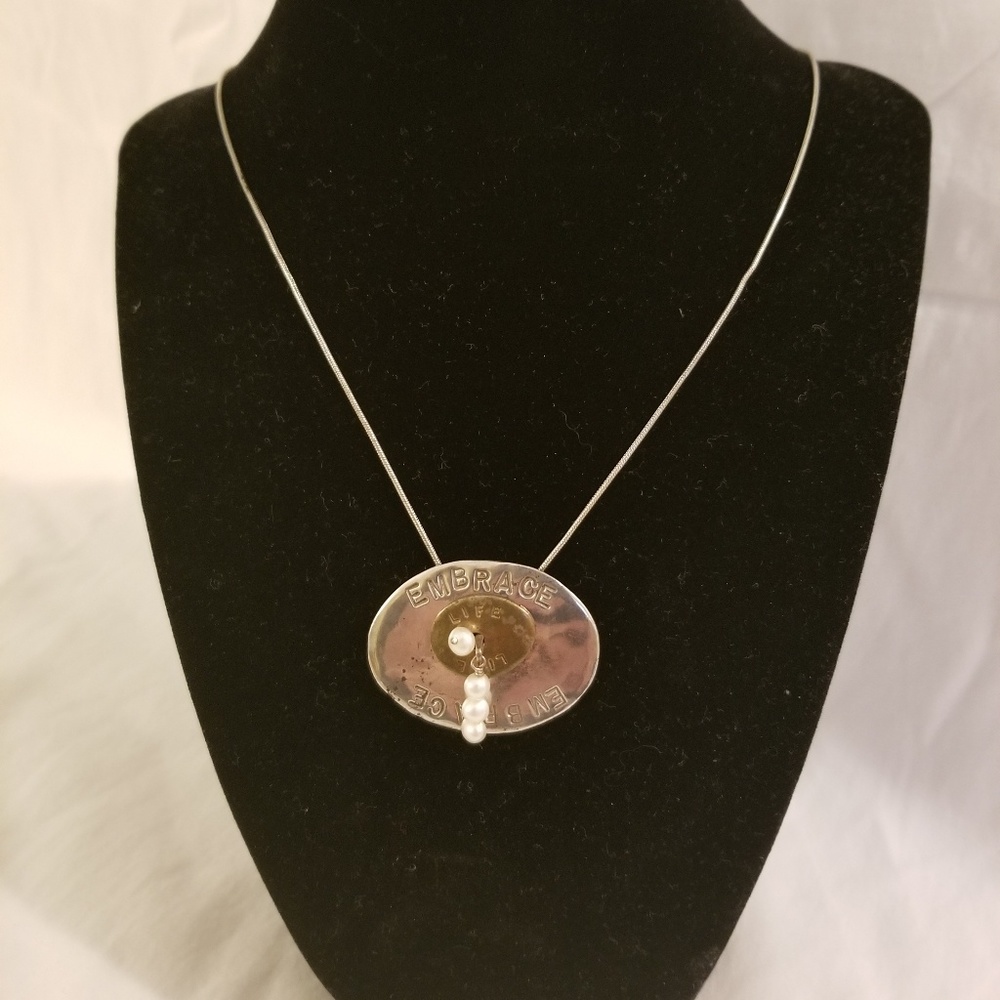 Sterling EMBRACE LIFE funky brass & pearl NECKLACE